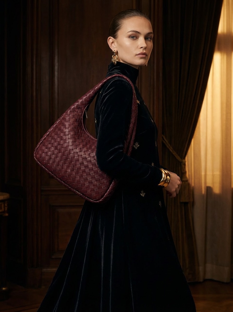 Elegant woman in a dark room, wearing a woven leather handbag