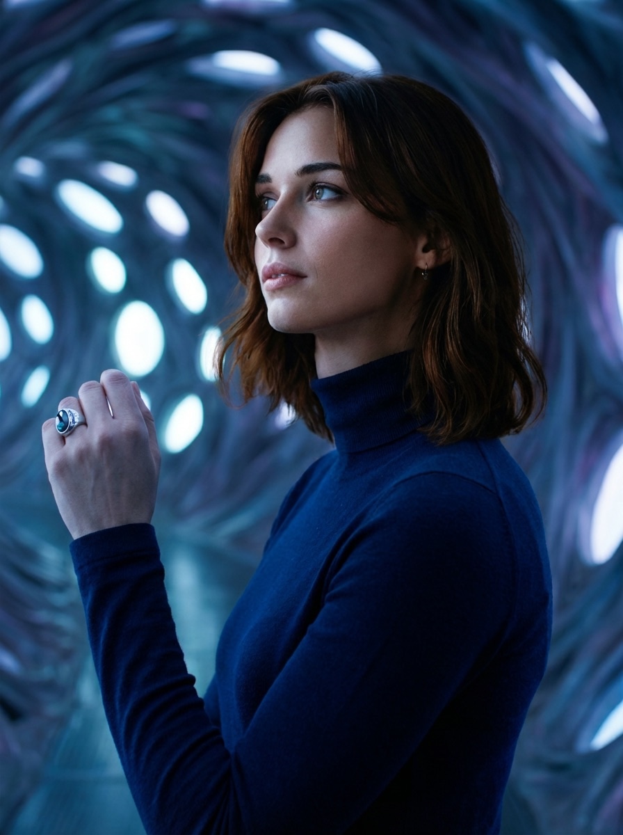 Woman standing inside a futuristic, glowing tunnel.